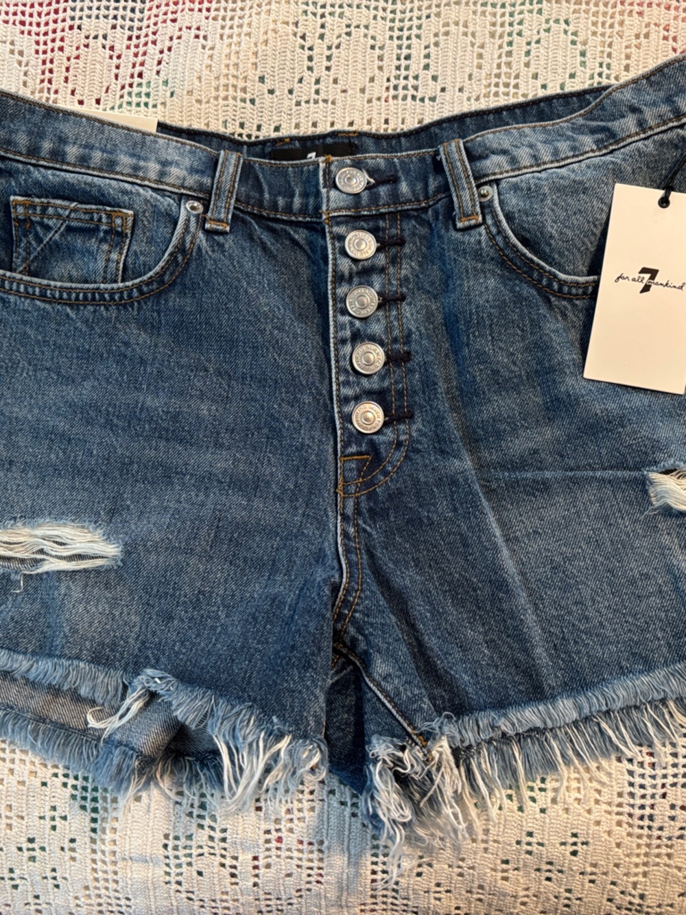 7 For All Mankind Distressed Dark Blue Button-Fly Jean Shorts